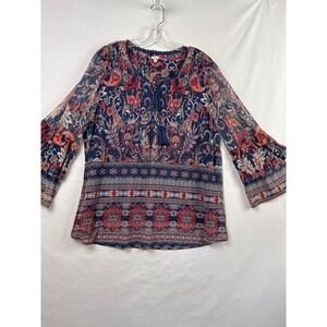 Reba Paisley Boho Top Blouse Womens XL Navy Red Tiered Bell Sleeve Tassel Mesh